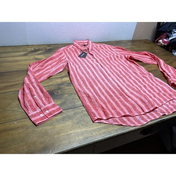 MICHAEL KORS Pink Red Linen Striped Shirt M Medium Slim Fit NWT - Picture 6 of 11